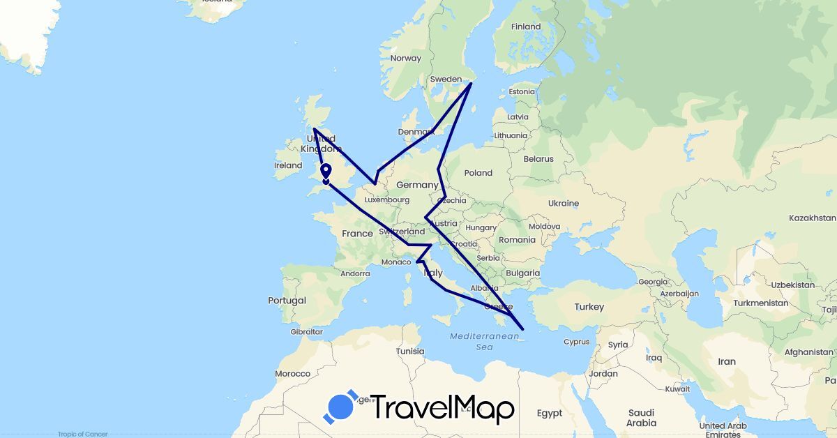 TravelMap itinerary: driving in Belgium, Czech Republic, Germany, Denmark, France, United Kingdom, Greece, Italy, Netherlands, Sweden (Europe)